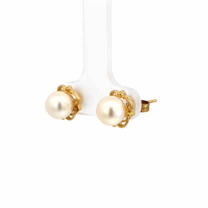 14K Yellow Gold Pearl Floral Stud Earrings