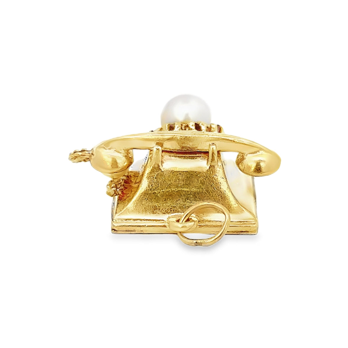 14K Yellow Gold Vintage Telephone with Pearls and Rubies