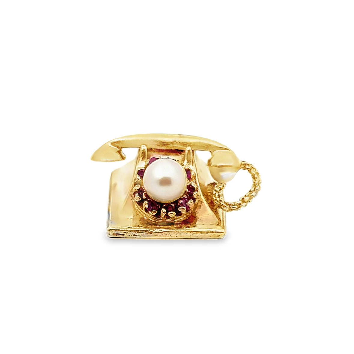 14K Yellow Gold Vintage Telephone with Pearls and Rubies