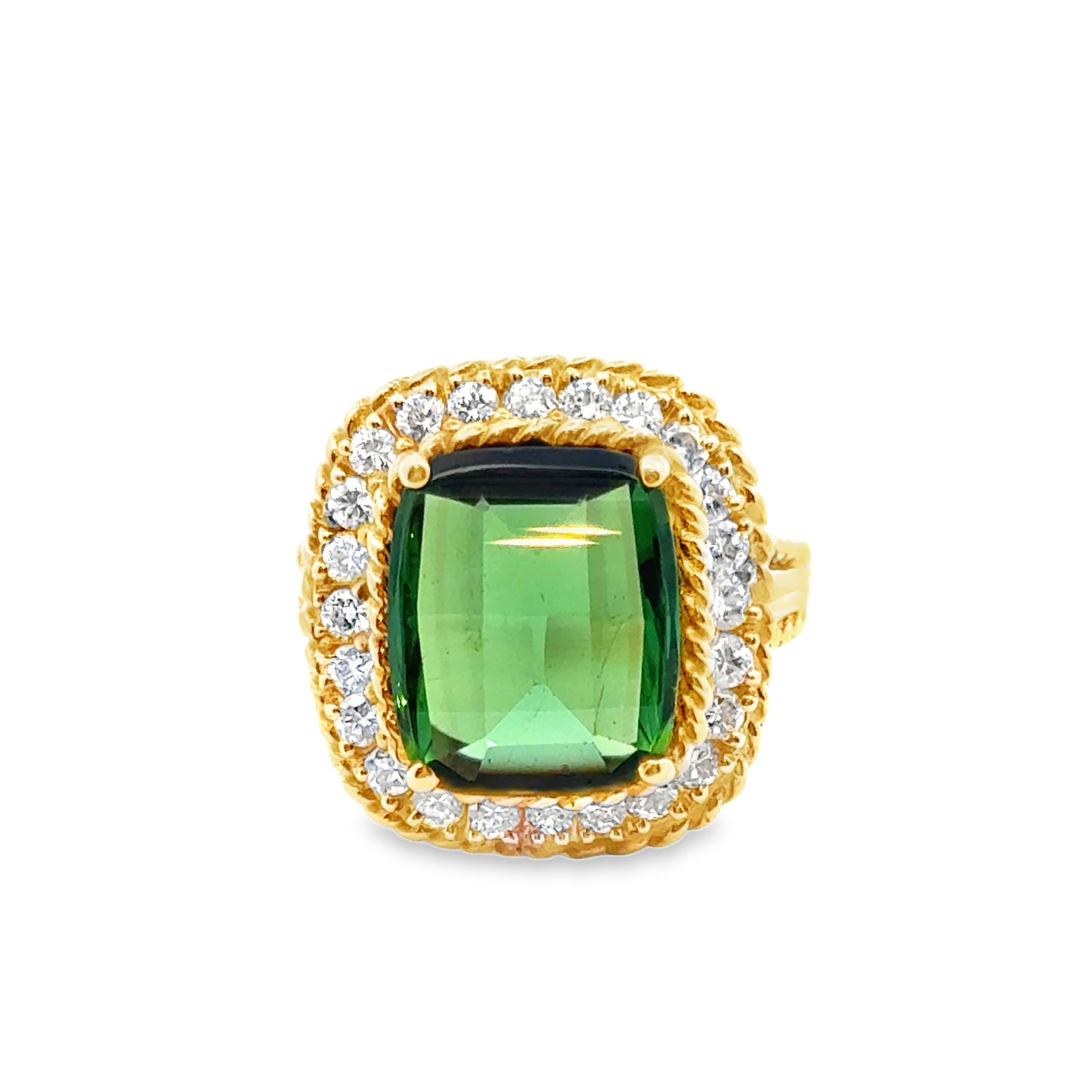 18K Yellow Gold Green Tourmaline & Diamond Rope-Design Ring