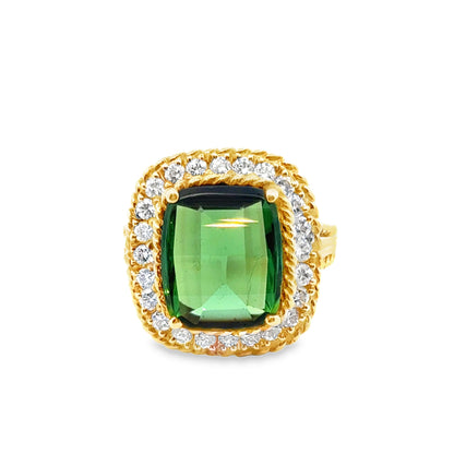 18K Yellow Gold Green Tourmaline & Diamond Rope-Design Ring
