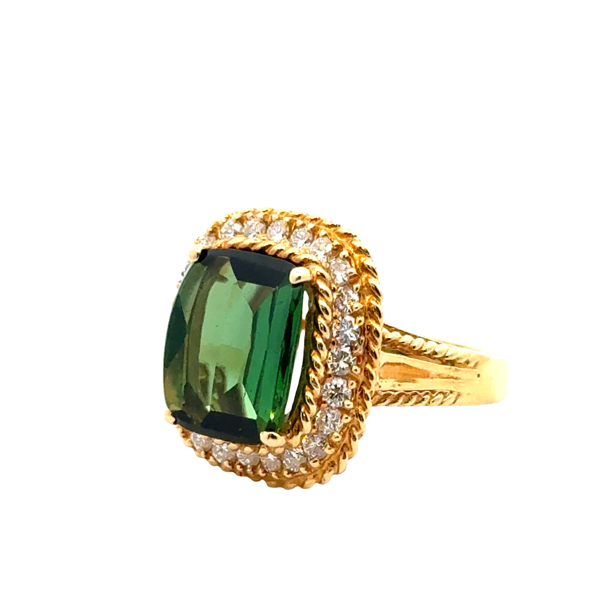 18K Yellow Gold Green Tourmaline & Diamond Rope-Design Ring
