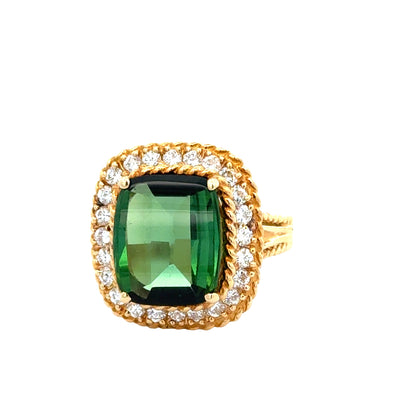 18K Yellow Gold Green Tourmaline & Diamond Rope-Design Ring