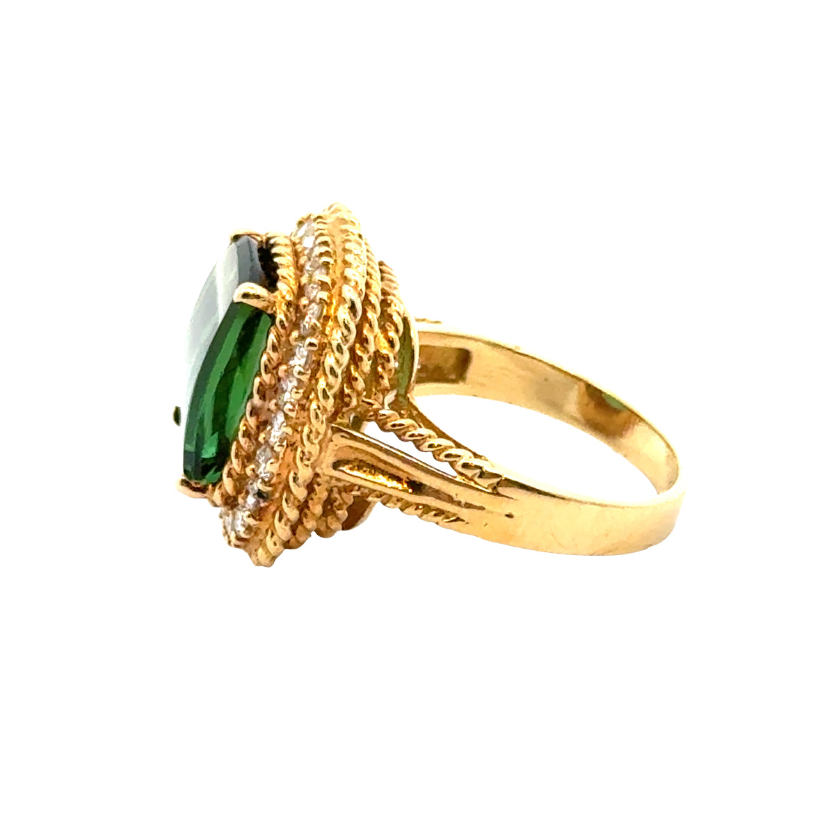 18K Yellow Gold Green Tourmaline & Diamond Rope-Design Ring