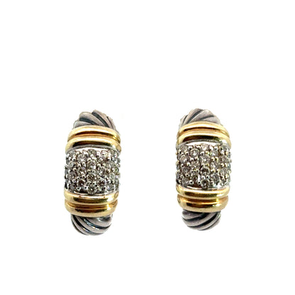 David Yurman Diamond Pavé Hoop Earrings – Sterling Silver & 18K Yellow Gold