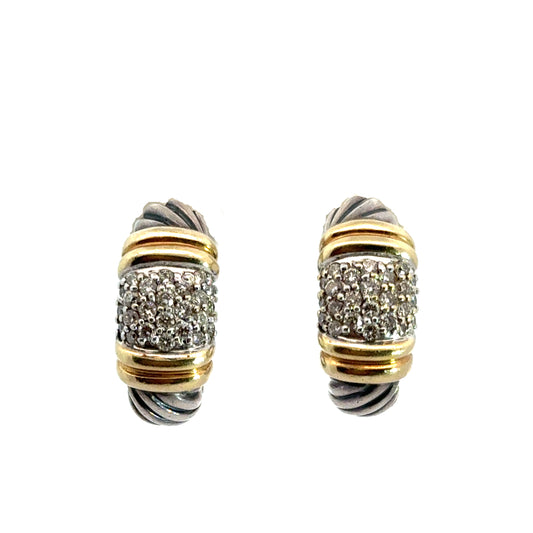 David Yurman Diamond Pavé Hoop Earrings – Sterling Silver & 18K Yellow Gold