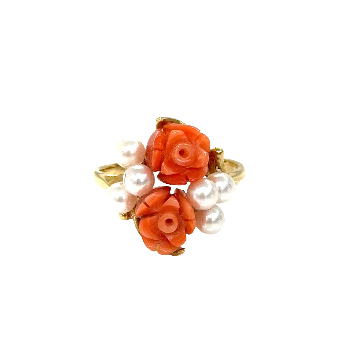 14K Yellow Gold Sweet Coral Blossom & Pearl Ring