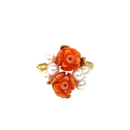14K Yellow Gold Sweet Coral Blossom & Pearl Ring