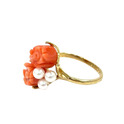 14K Yellow Gold Sweet Coral Blossom & Pearl Ring