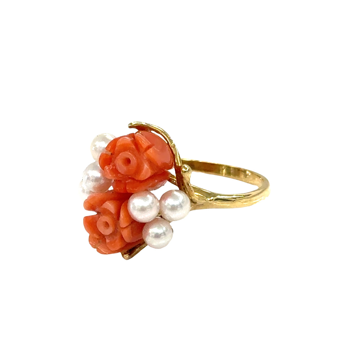 14K Yellow Gold Sweet Coral Blossom & Pearl Ring