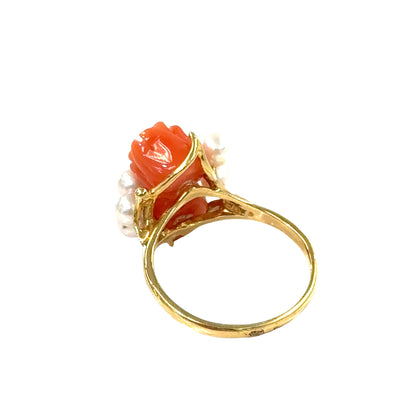 14K Yellow Gold Sweet Coral Blossom & Pearl Ring