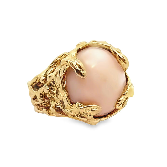 14K Yellow Gold Coral Cabochon Branch Design Dome Ring