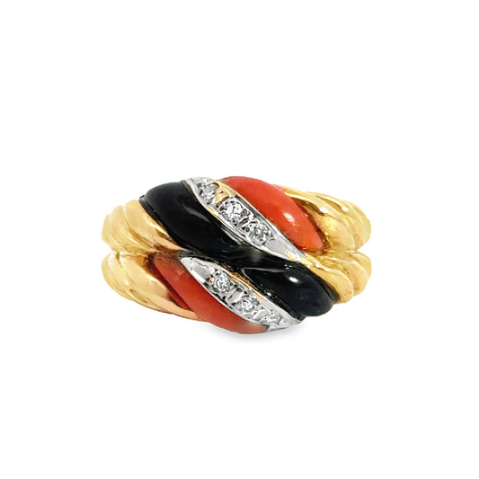 Unique 14K Yellow Gold Coral, Onyx & Diamond Ring