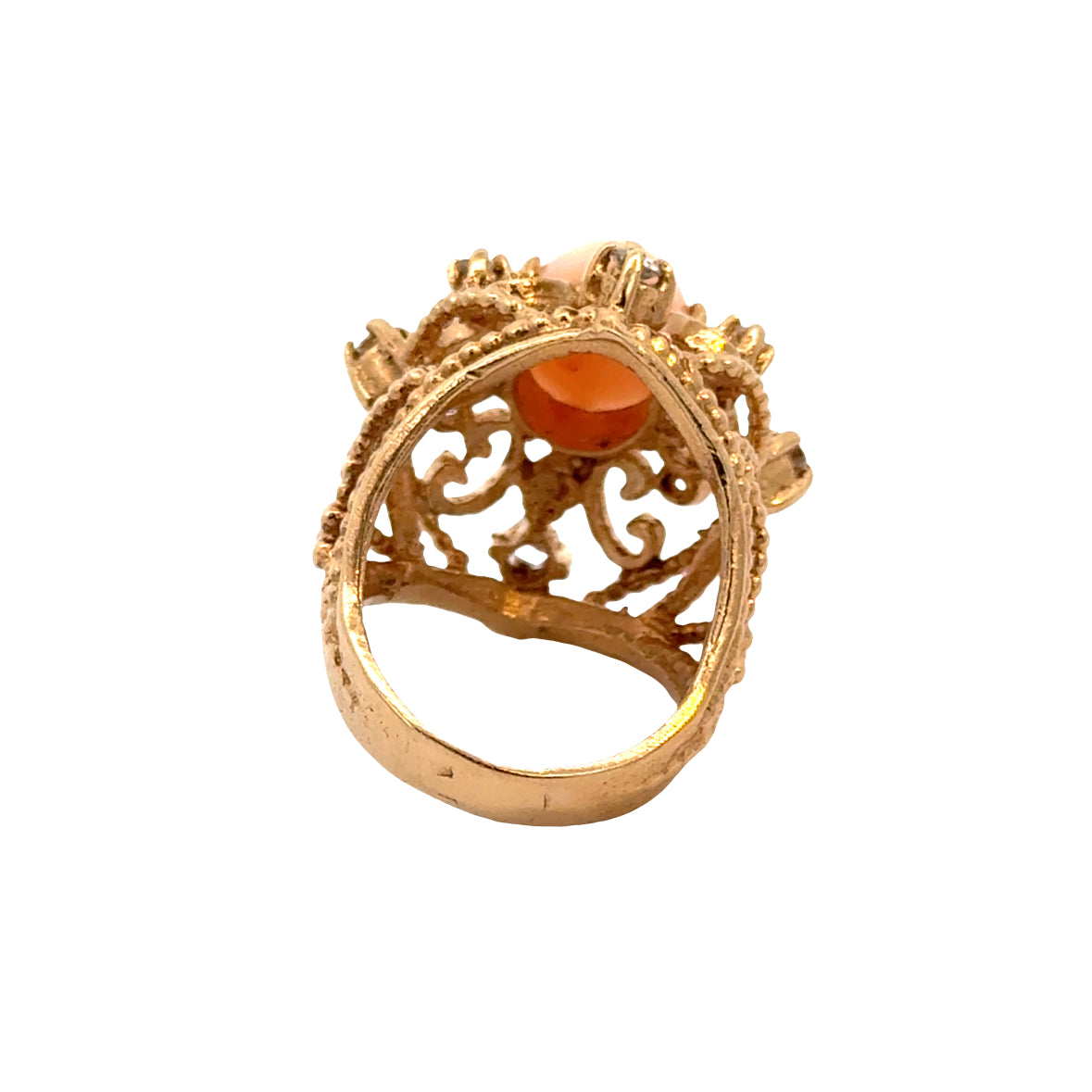 18K Yellow Gold Vintage Coral & Diamond Lacework Statement Ring