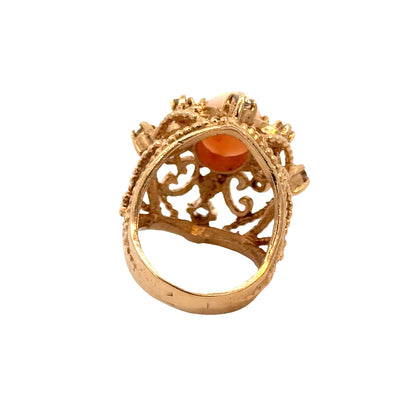 18K Yellow Gold Vintage Coral & Diamond Lacework Statement Ring