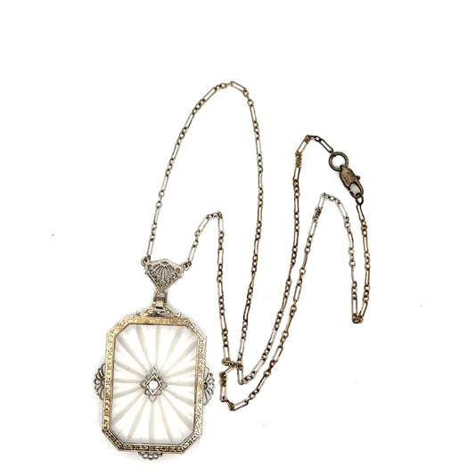Antique Art Deco 14K White Gold, Diamond & Etched Rock Crystal Pendant Necklace