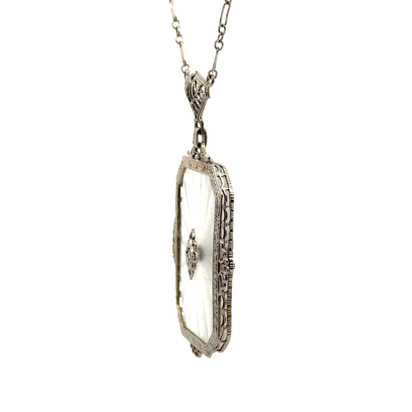 Antique Art Deco 14K White Gold, Diamond & Etched Rock Crystal Pendant Necklace