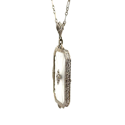 Antique Art Deco 14K White Gold, Diamond & Etched Rock Crystal Pendant Necklace