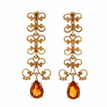 Vintage 1960s 14K Yellow Gold Openwork Citrine Drop Earrings