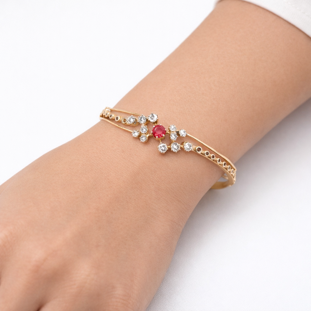 14K Yellow Gold Diamond & Ruby Floral-Inspired Bangle Bracelet