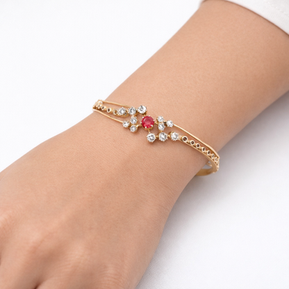 14K Yellow Gold Diamond & Ruby Floral-Inspired Bangle Bracelet