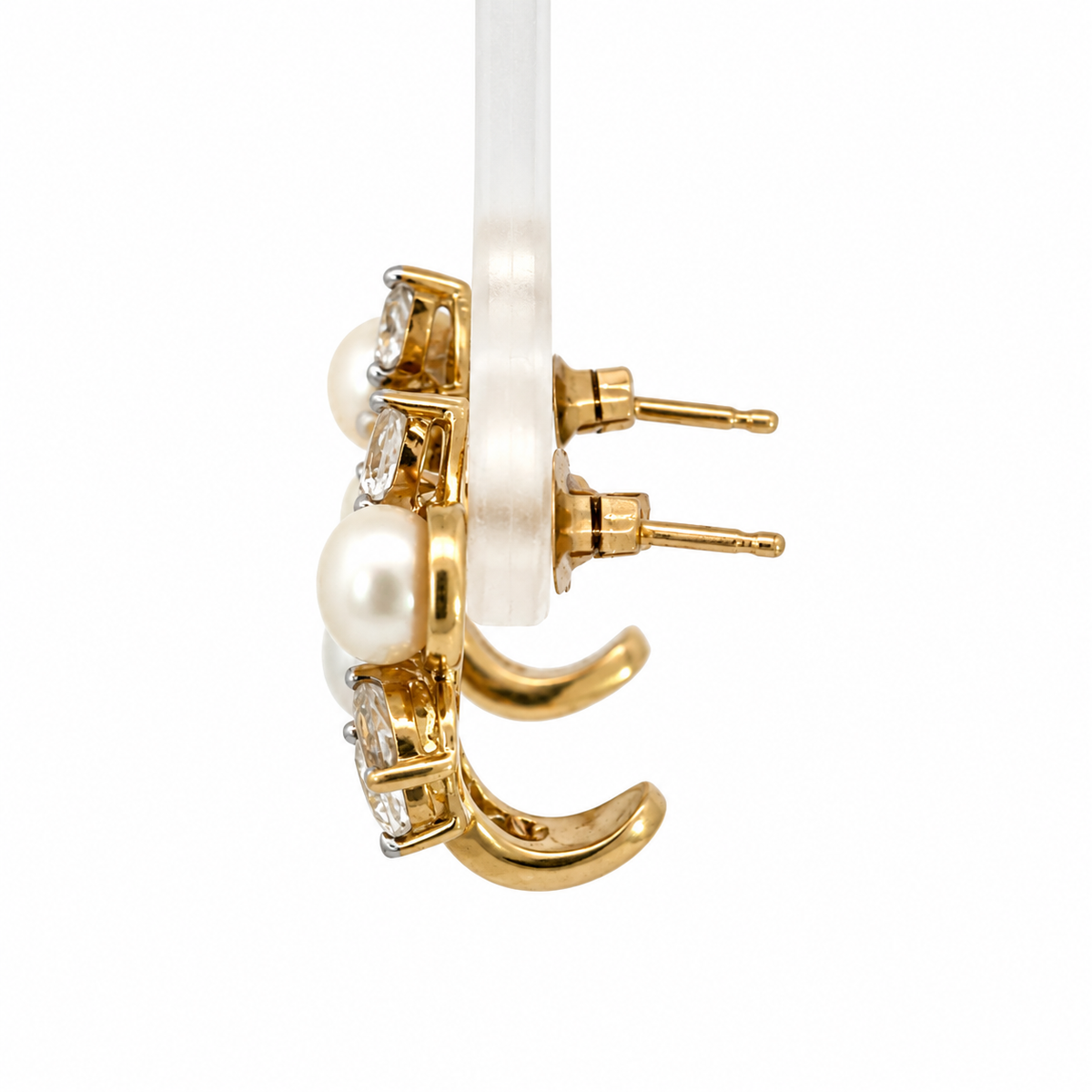 Yellow Gold Pearl & Cubic Zirconia Leaf Earrings