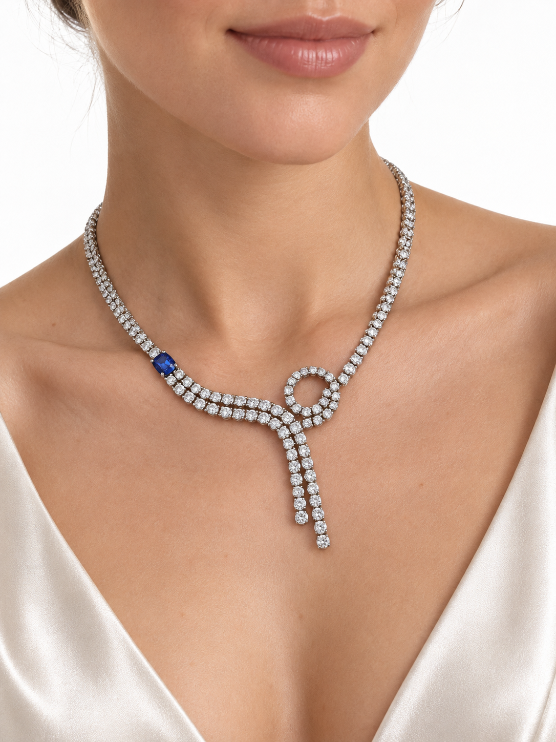 18K White Gold Diamond & Tanzanite Necklace — 11.75 CT Diamonds with Asymmetric Loop & Double Drop