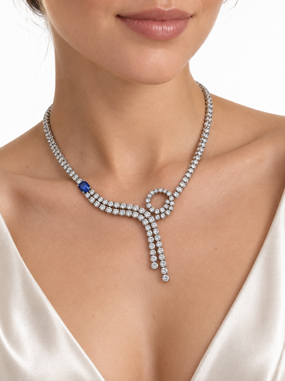 18K White Gold Diamond & Tanzanite Necklace — 11.75 CT Diamonds with Asymmetric Loop & Double Drop