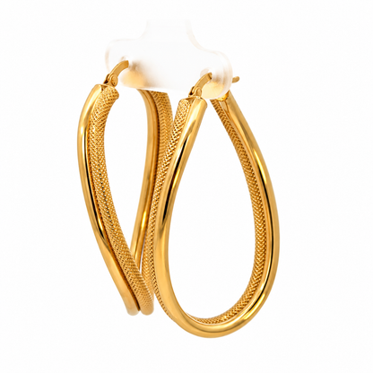 MILOR 14K Yellow Gold Polished & Textured Hoop Earrings — Made in Italy