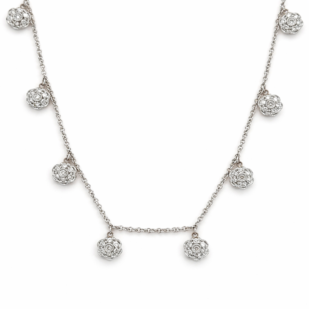18K White Gold Dangling Diamond Flower Necklace