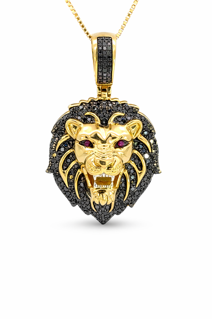Lion Head Pendant with Black Diamonds & Ruby Eyes – Yellow Gold