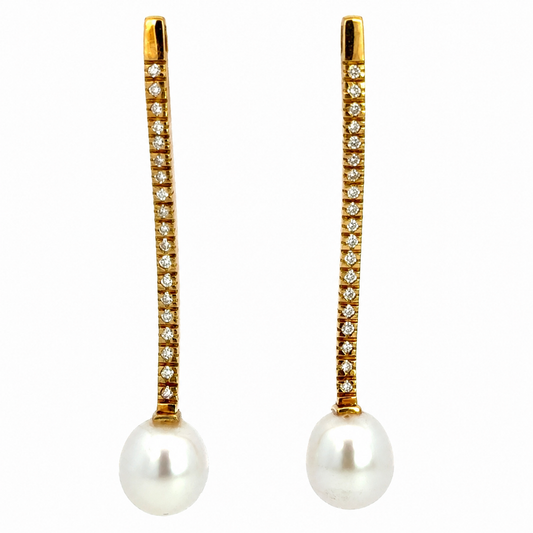 ASBA 18K Gold Diamond Bar Drop Earrings with Oval Pearls