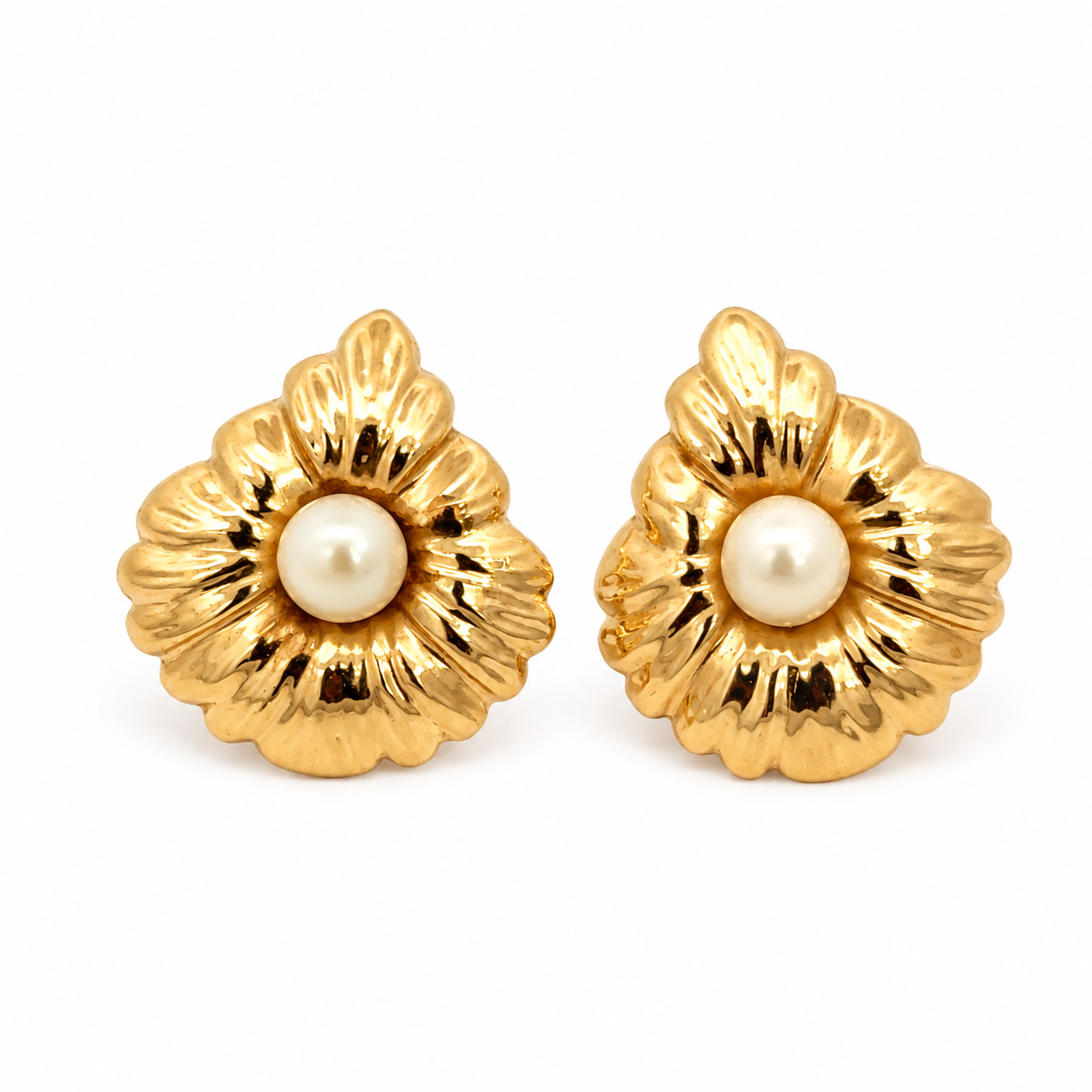 Vintage 14K Yellow Gold Pearl Leaf Earrings