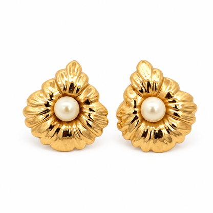 Vintage 14K Yellow Gold Pearl Leaf Earrings