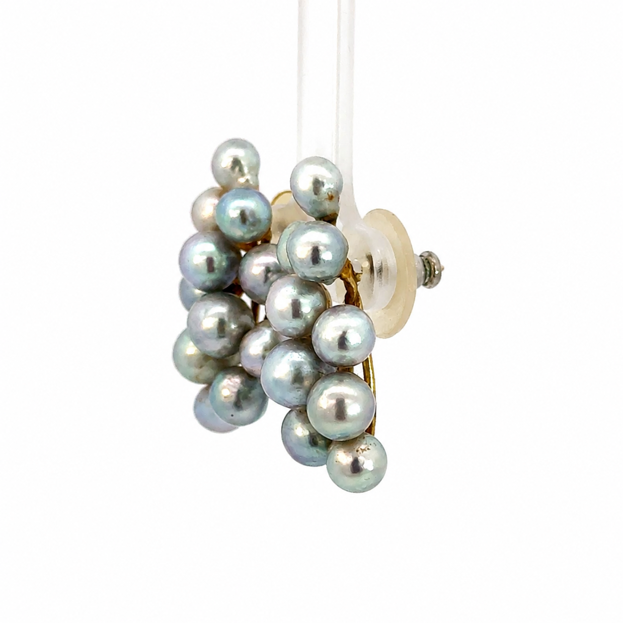Vintage 14K Yellow Gold Black Freshwater Pearl Cluster Earrings
