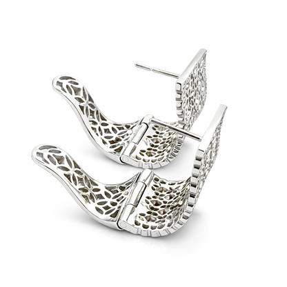 Vintage 1980s 18K White Gold Diamond Lattice Hoop Earrings