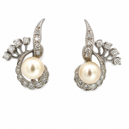 14K White Gold Diamond Pearl Leaf Scroll Clip-On Earrings Vintage