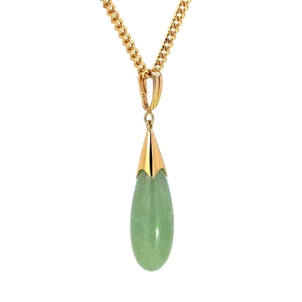 Green Jade Teardrop Pendant in 14K Yellow Gold