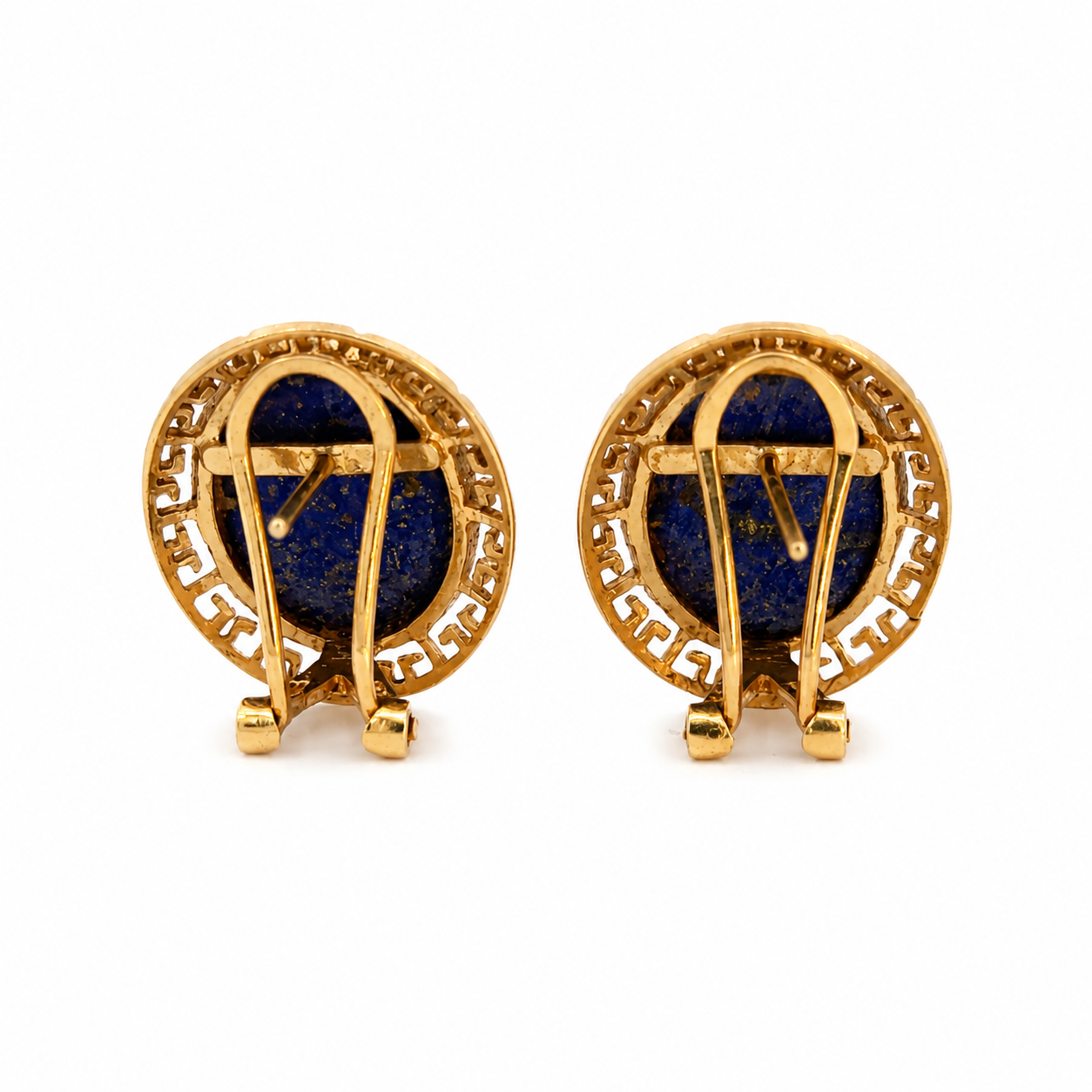 Vintage 14K Yellow Gold Lapis Lazuli Greek Key Motif Earrings