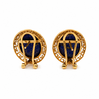 Vintage 14K Yellow Gold Lapis Lazuli Greek Key Motif Earrings