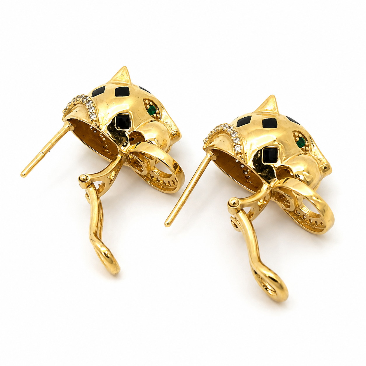 18K Yellow Gold Emerald, Onyx & Diamond Panther Earrings
