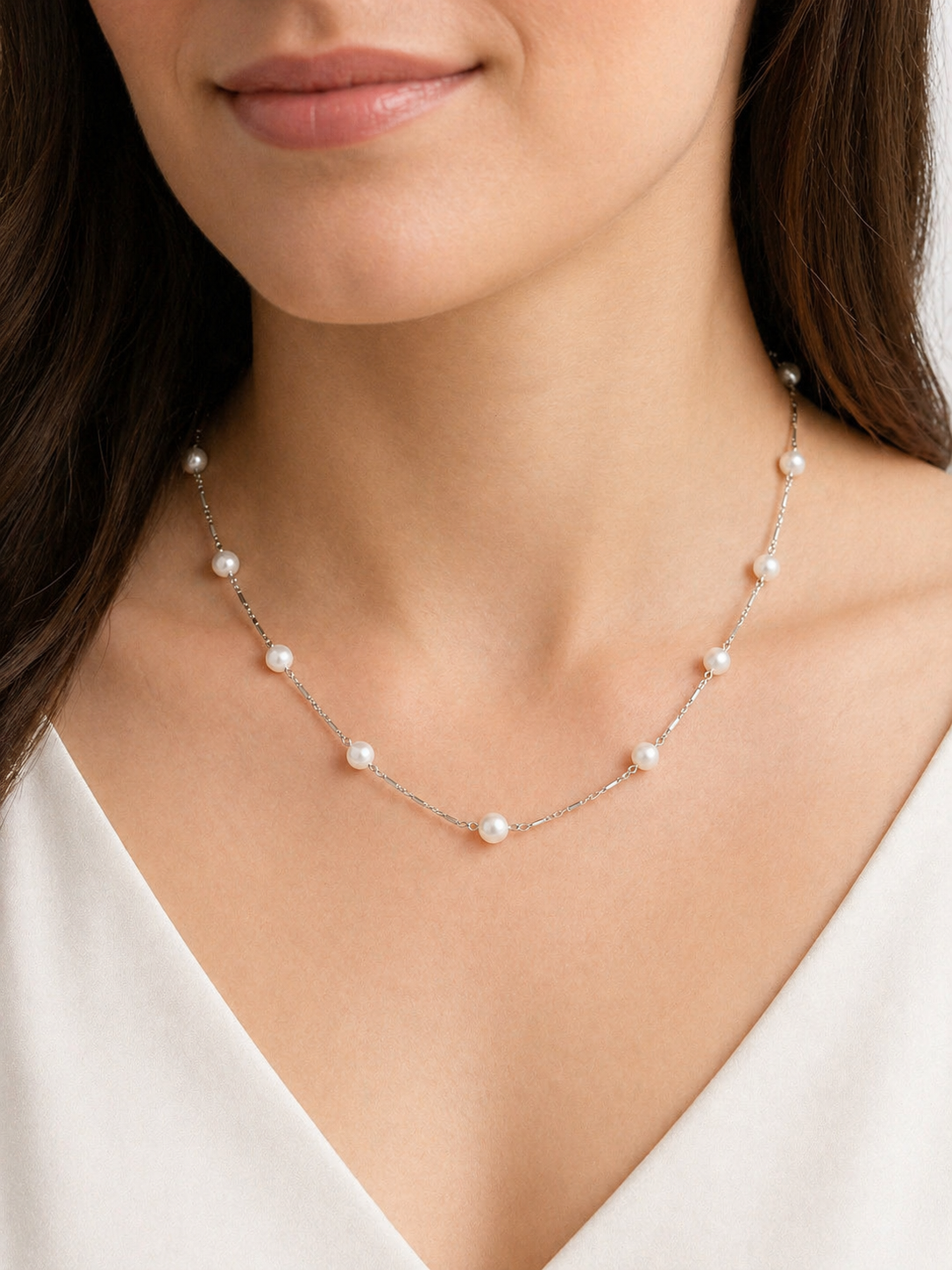 Vintage 14K White Gold Pearl Station Necklace – 12 AAA Pearls