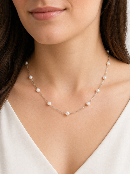 Vintage 14K White Gold Pearl Station Necklace – 12 AAA Pearls