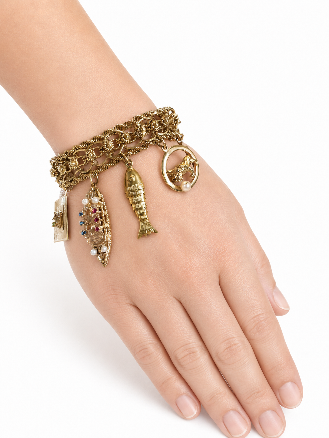 Vintage 14K Yellow Gold Story Charm Bracelet with Nine Gemstone & Pearl Charms