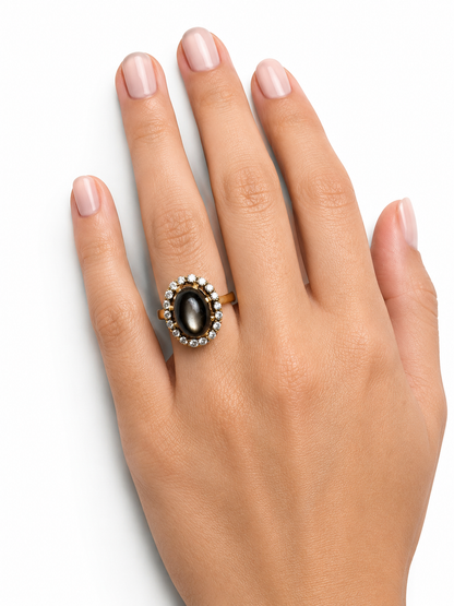 Vintage Hematite & Diamond Halo Ring in 18K Yellow Gold
