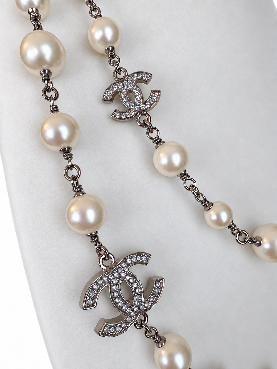 CHANEL A36121 Long Glass Pearl & Crystal Five CC Sautoir Necklace 42” with Original Box
