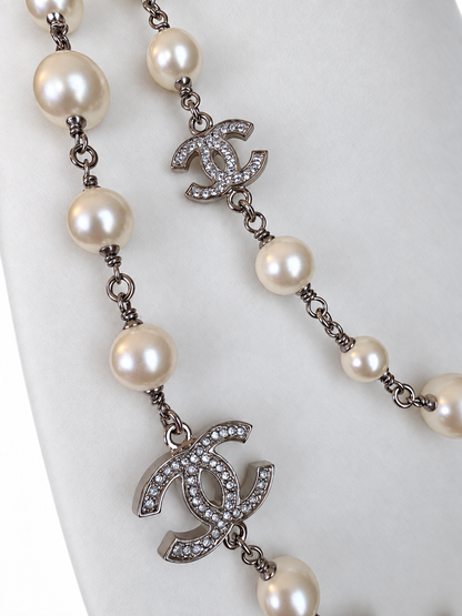 CHANEL A36121 Long Glass Pearl & Crystal Five CC Sautoir Necklace 42” with Original Box