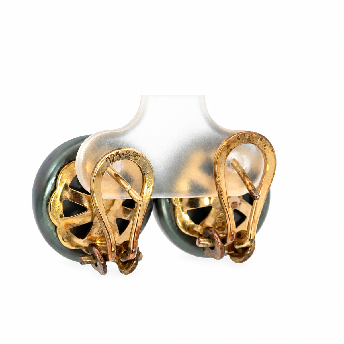Vintage 925 Yellow Gold-Finished Sterling Silver Black Pearl French Clip Earrings