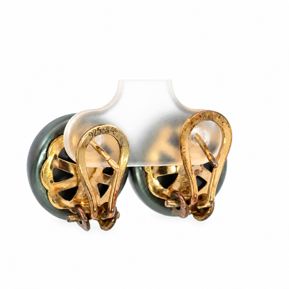 Vintage 925 Yellow Gold-Finished Sterling Silver Black Pearl French Clip Earrings