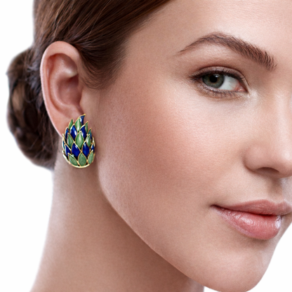 Antique 1940s 18K Gold Green & Blue Enamel Clip-On Earrings
